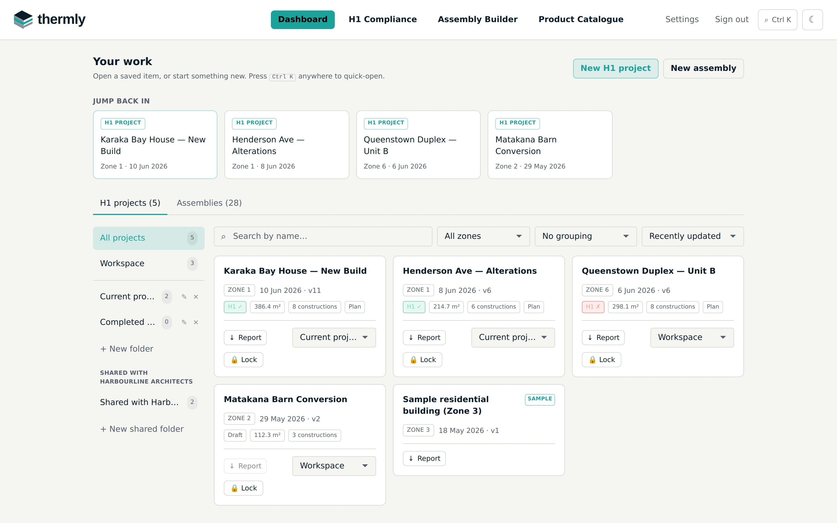 Thermly dashboard showing project cards with compliance status, folders, a section shared with an organisation, and search and filter controls